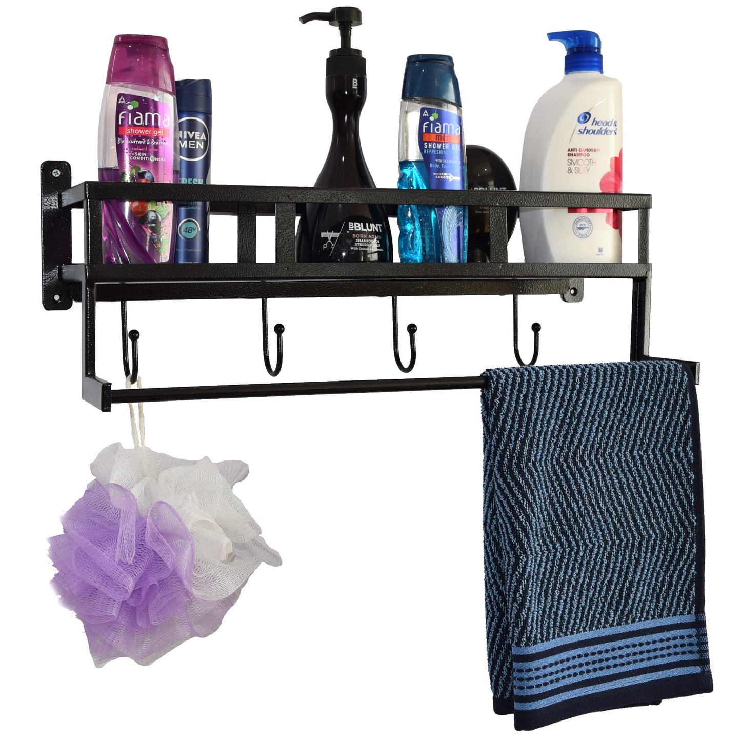 Crinds® Pure Metal Wall Mount Bathroom Shelf with Towel Stand and Hooks (Medium)