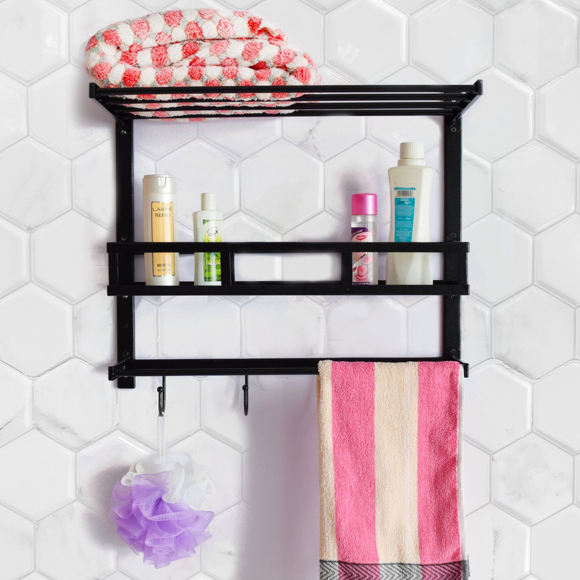 Load video: Crinds Bathroom Rack Shelf with Towel Stand Bar and hooks